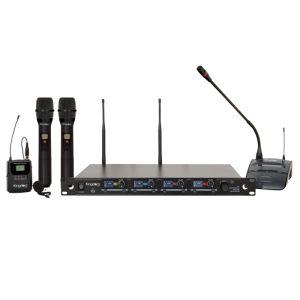 Kingdom V5 UHF 1,000 Channel Wireless Microphone System with 2 Handhelds, 1 Beltpack with Lapel, and 1 Podium Microphone.