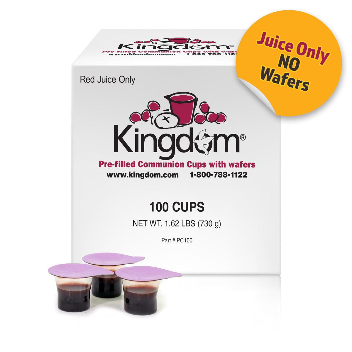 Kingdom Prefilled Communion Cups - Juice Only - Box of 100 - No Wafers
